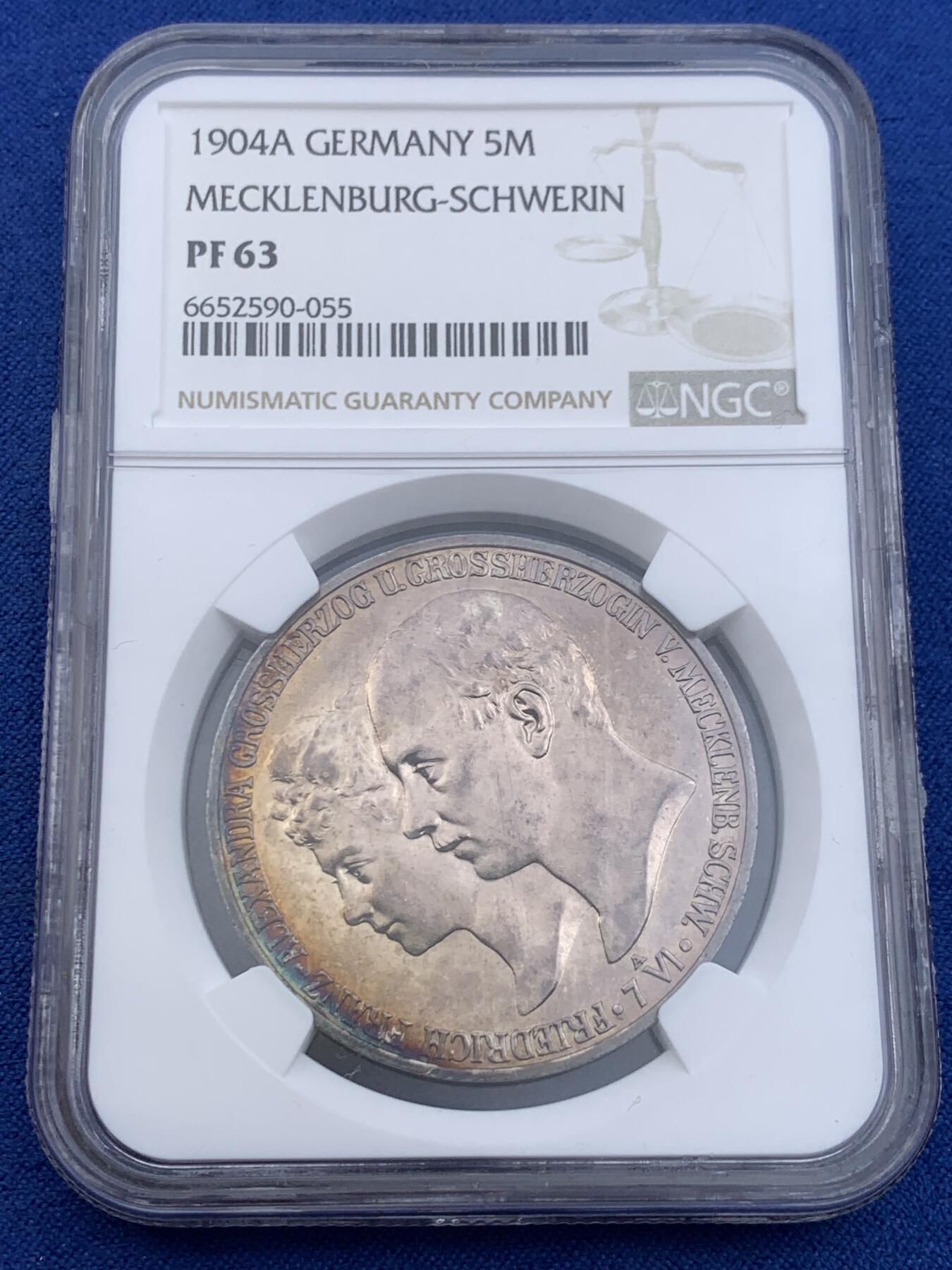 《竞宝斋》第441场 周日，周一，2场连拍 （全场包邮） NGC PF63 德国1904梅克伦堡什未林皇家大婚纪念5马克，发行量仅2500枚顶级小邦精制马克，镜面底板香槟色月牙彩，值得收藏
