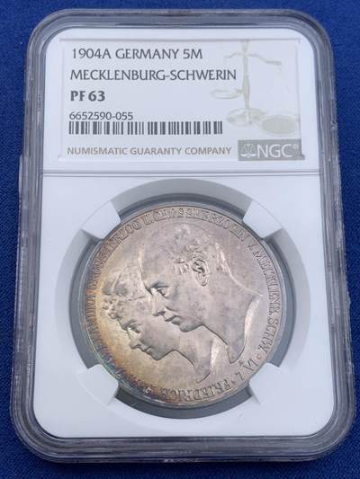 《竞宝斋》第441场 周日，周一，2场连拍 （全场包邮） - NGC PF63 德国1904梅克伦堡什未林皇家大婚纪念5马克，发行量仅2500枚顶级小邦精制马克，镜面底板香槟色月牙彩，值得收藏