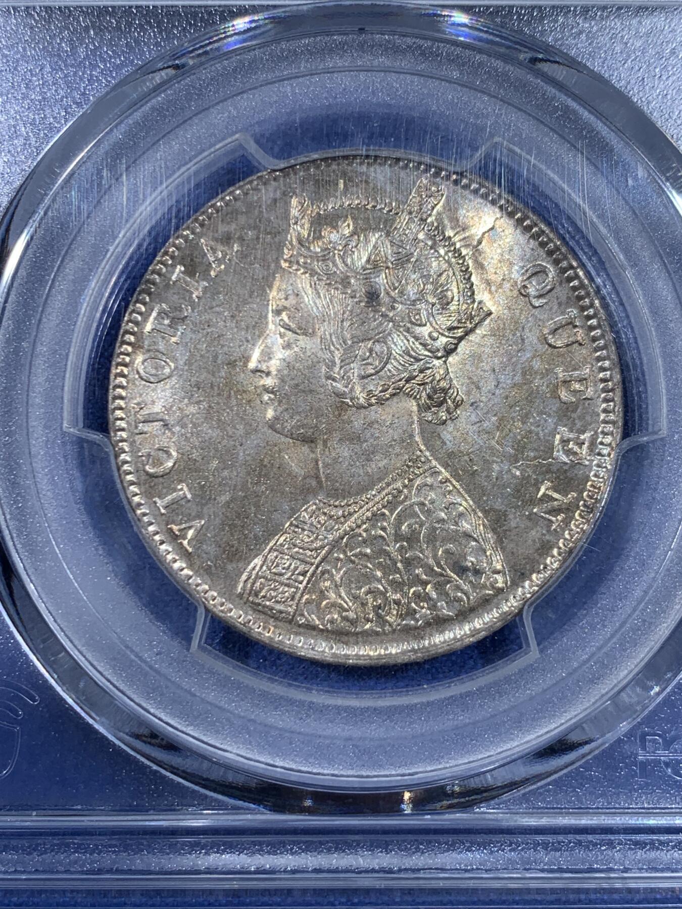 《竞宝斋》第441场 周日，周一，2场连拍 （全场包邮） PCGS MS62 英属印度1862年维多利亚女王1卢比银币，原光好状态