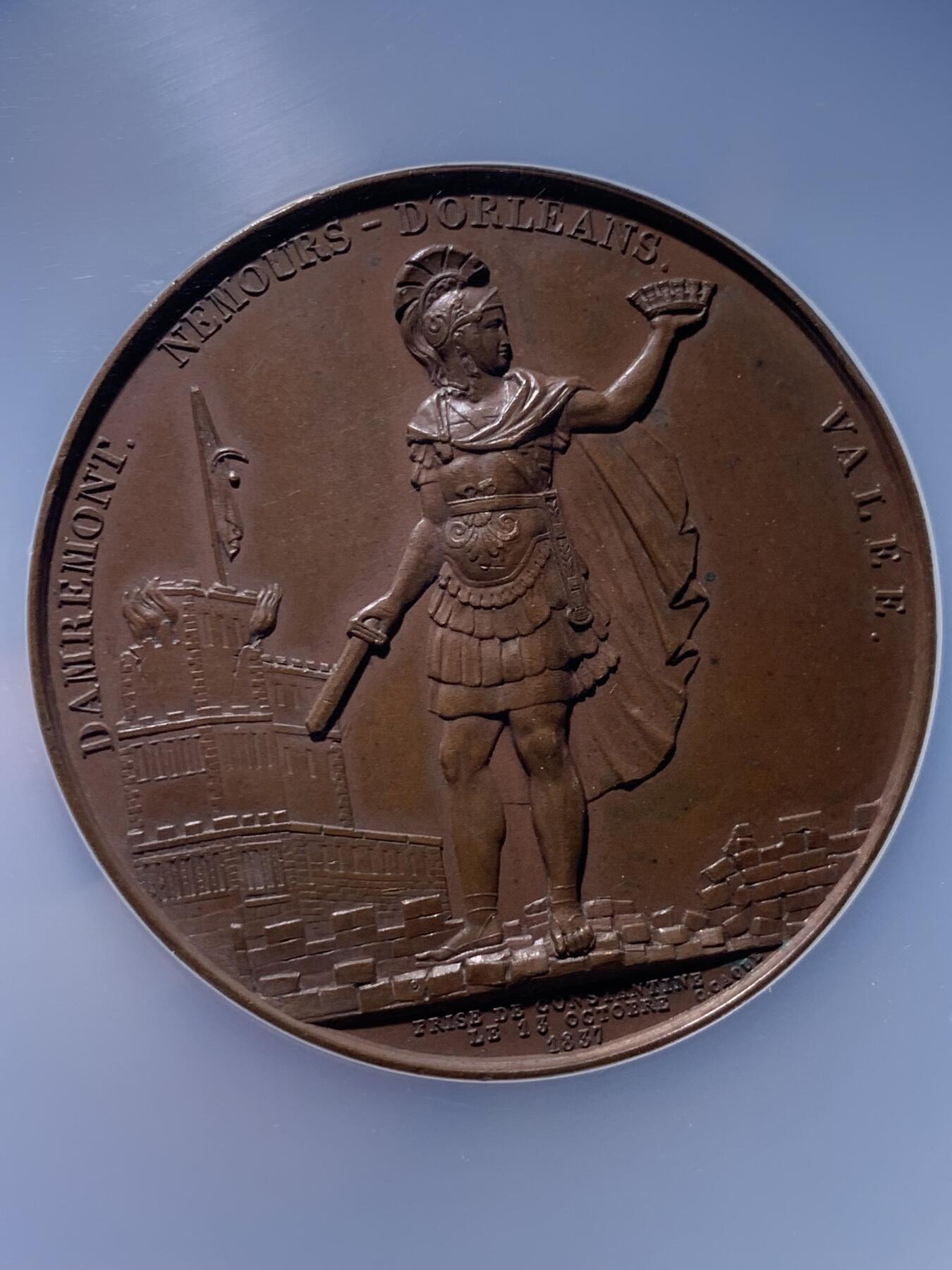 《竞宝斋》第441场 周日，周一，2场连拍 （全场包邮） NGC MS63BN 1838年法国占领君士坦丁纪念大铜章 原铸 加厚加大盒装