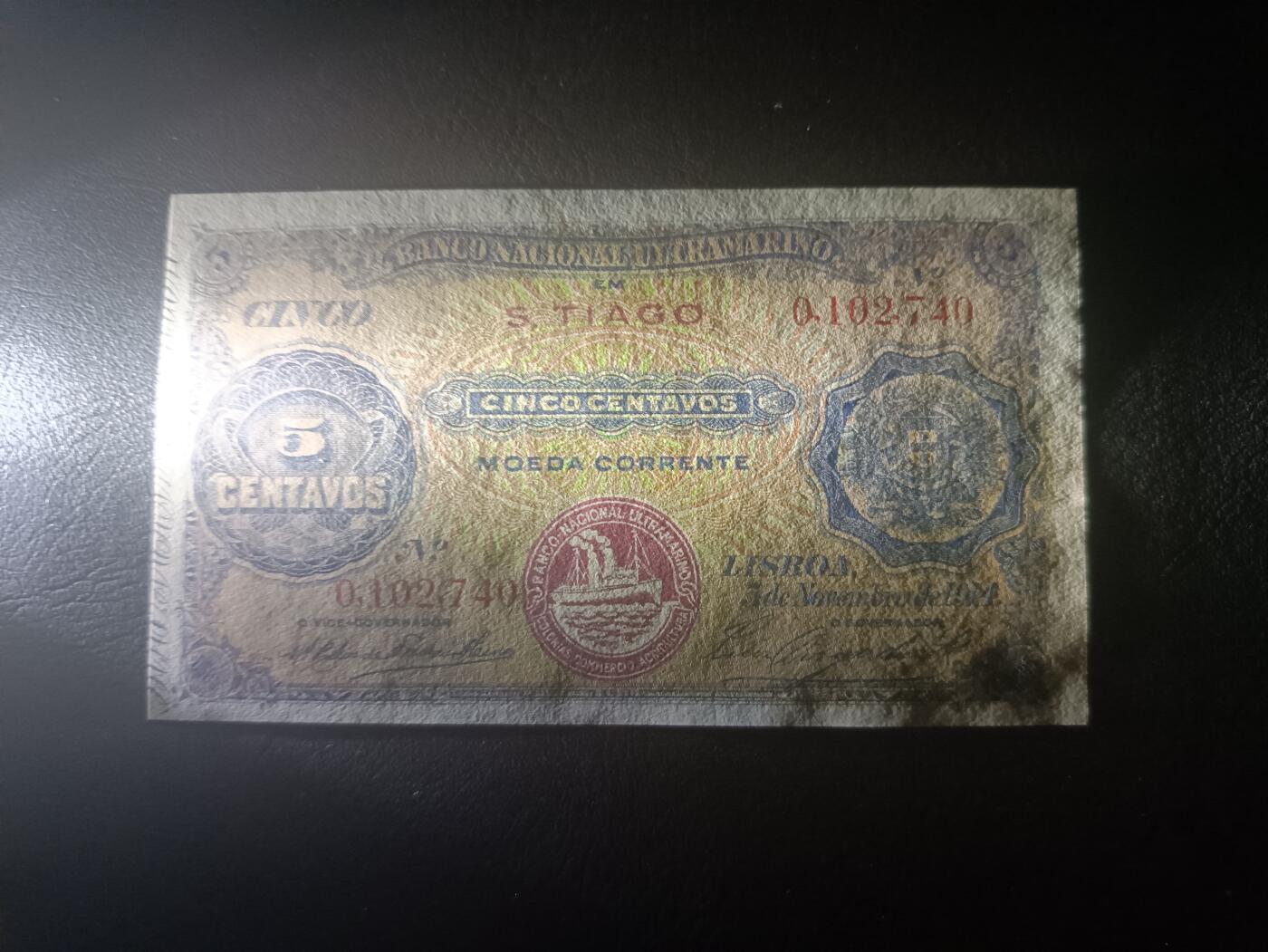 2025十一月第六期，总第204期 葡属佛得角1914年5分UNC-，稀有葡属殖民地品种，经典的大西洋银行目送船队出海图案