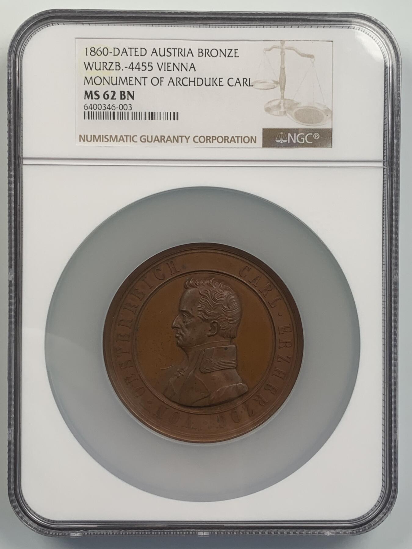 掌中浮雕-藏着的欧洲第043场 NGC MS62 : 1860年奥匈帝国卡尔大公纪念碑揭幕铜章，65mm