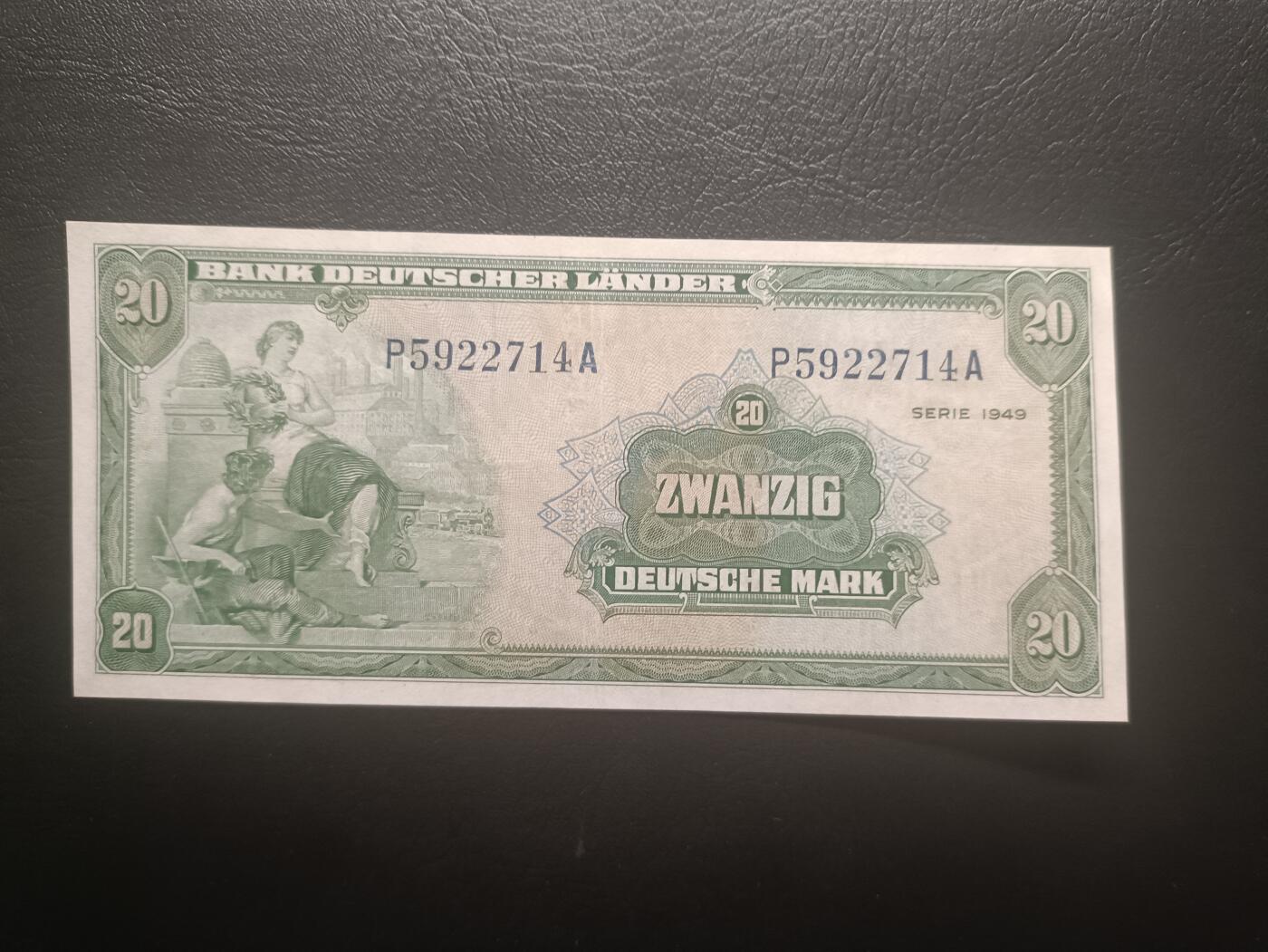 2025十一月第六期，总第204期 德国1949版20马克流通好品XF，后期“德意志国家银行”抬头，铁匠和桂冠女神