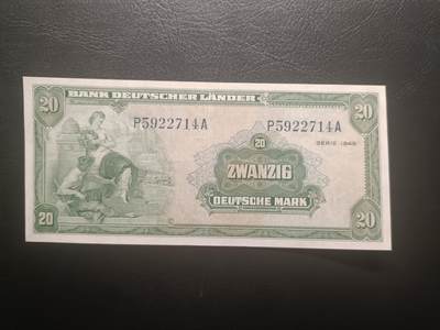 2025十一月第六期，总第204期 - 德国1949版20马克流通好品XF，后期“德意志国家银行”抬头，铁匠和桂冠女神