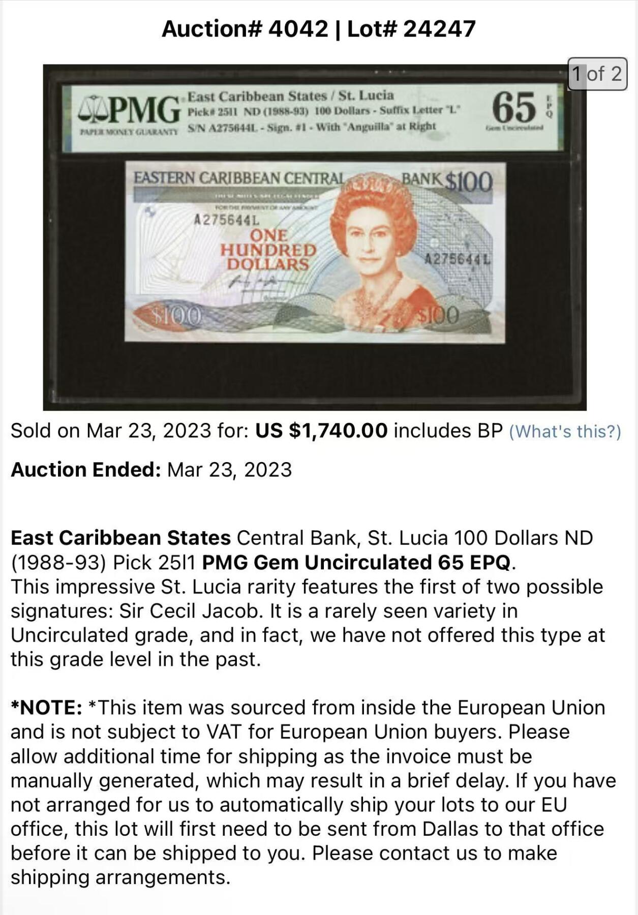 2025十一月第五期，总第203期 东加勒比共同体1985版100元AUNC圣卢西亚印刷，中年女王和海滩椰林，少见最高面值