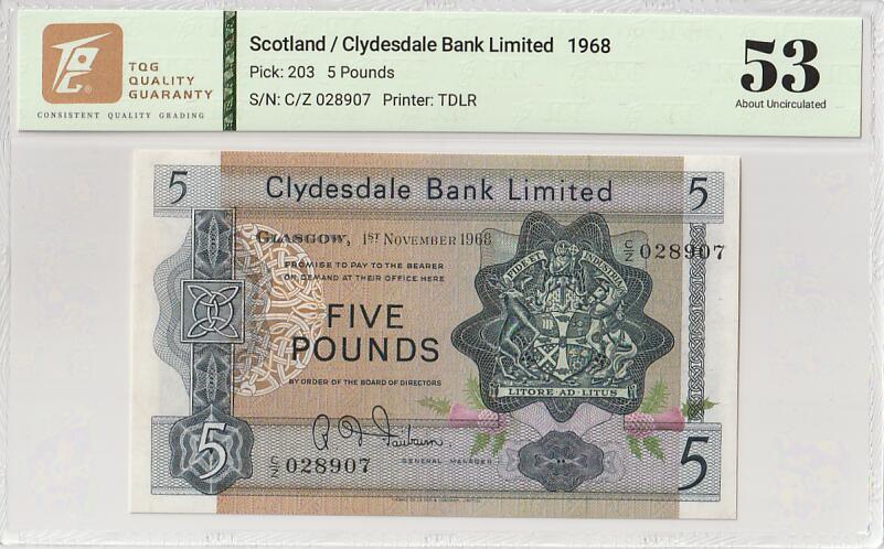 2025十一月第六期，总第204期 苏格兰克莱斯戴勒银行1968年5镑TQG53分，银行徽章和格拉斯哥教堂