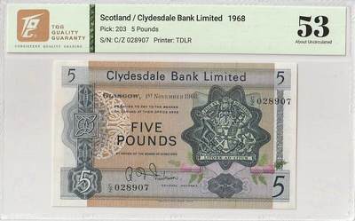 2025十一月第六期，总第204期 - 苏格兰克莱斯戴勒银行1968年5镑TQG53分，银行徽章和格拉斯哥教堂