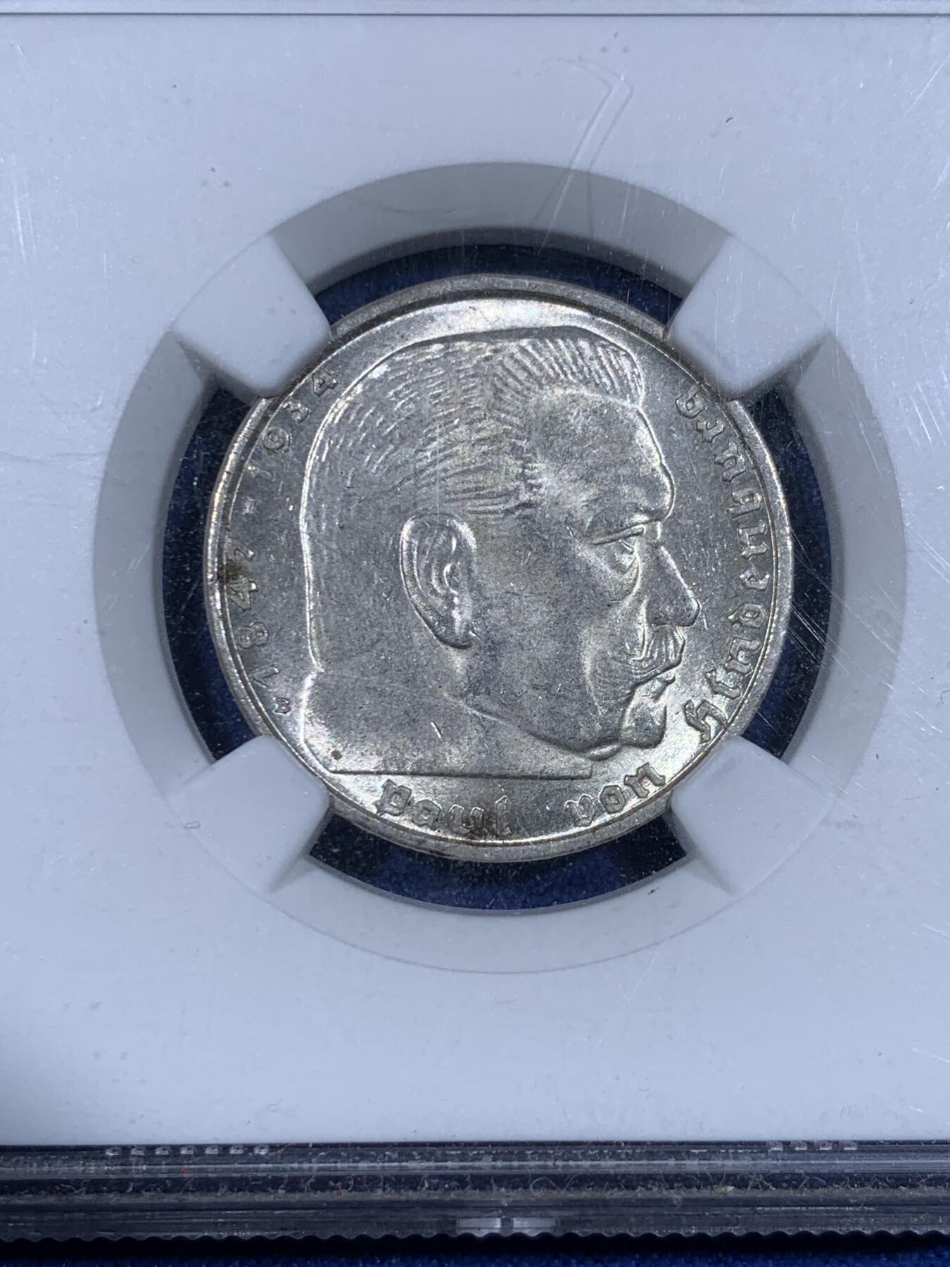 《竞宝斋》第441场 周日，周一，2场连拍 （全场包邮） NGC MS63 德国1939B兴登堡两马克