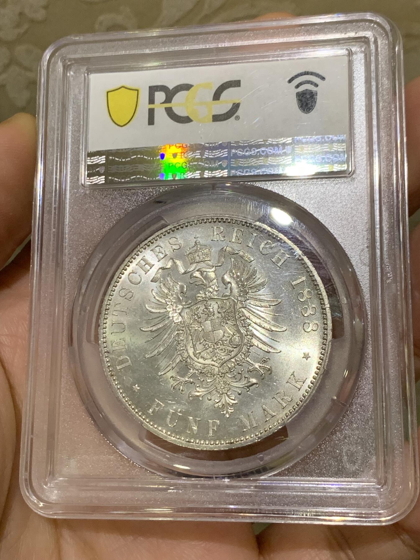 《竞宝斋》第441场 周日，周一，2场连拍 （全场包邮） PCGS MS63 德国 普鲁士 1888 A 弗里德里希三世 5马克 银币 稀有品相 包浆很舒服