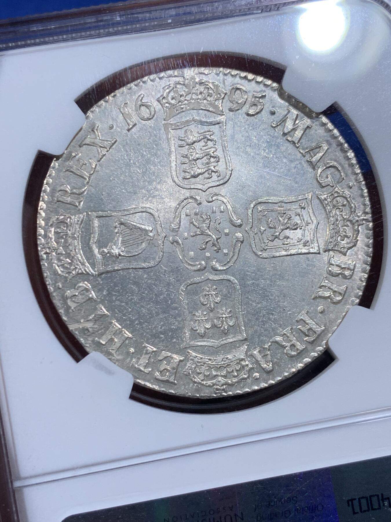 《竞宝斋》第441场 周日，周一，2场连拍 （全场包邮） NGC MS63 英国1695年 威廉三世1克朗银币 全币深打 原银光，历经300多年依然宛如新铸