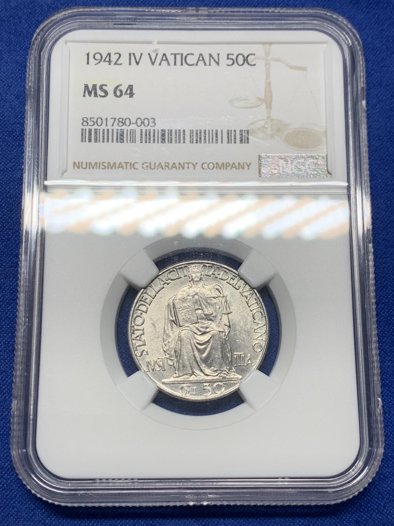 《竞宝斋》第441场 周日，周一，2场连拍 （全场包邮） NGC MS64 梵蒂冈1942年50C镍币