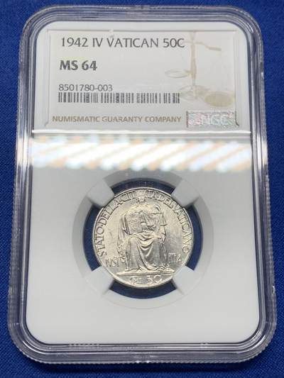 《竞宝斋》第441场 周日，周一，2场连拍 （全场包邮） - NGC MS64 梵蒂冈1942年50C镍币