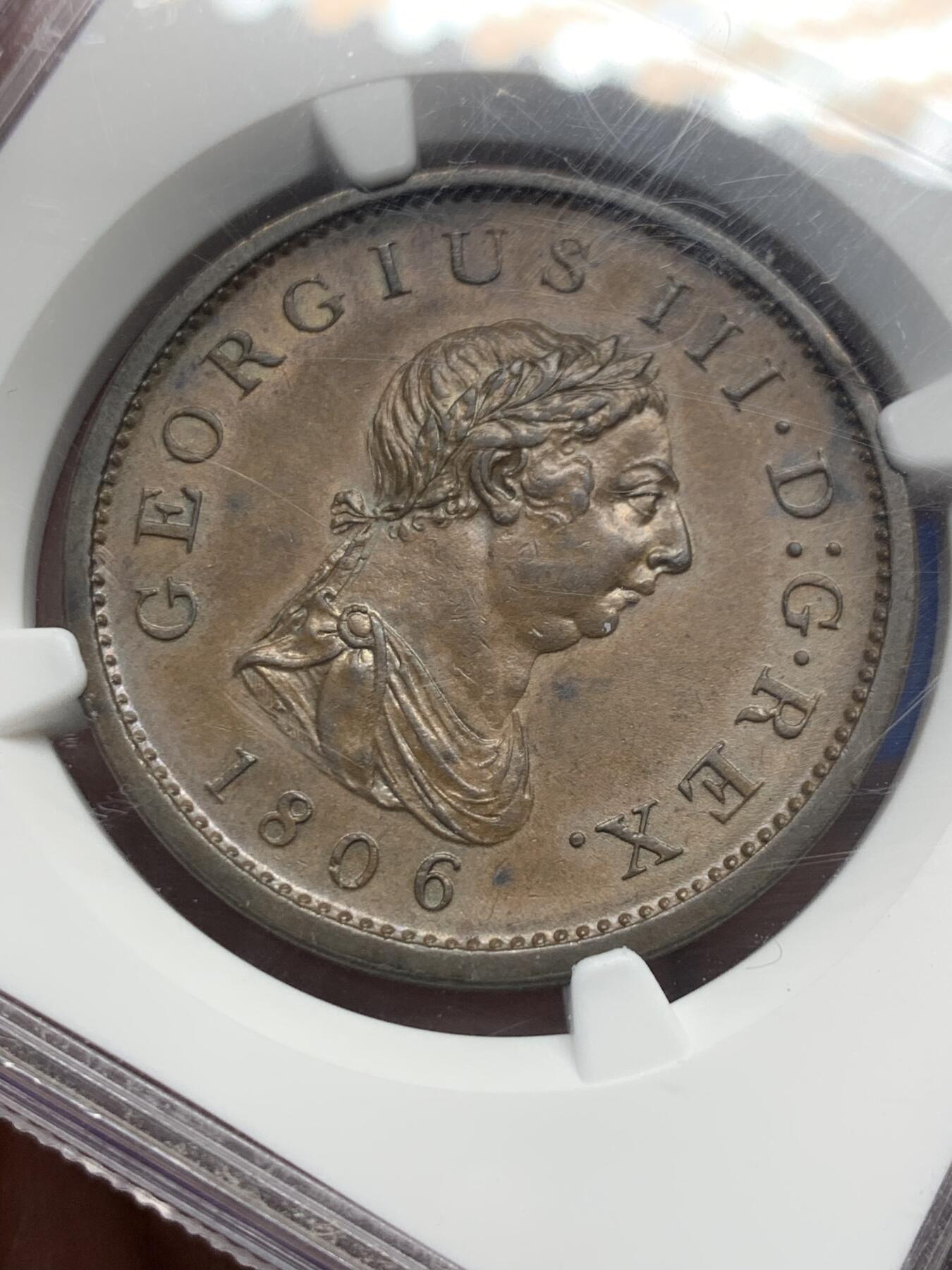 《竞宝斋》第441场 周日，周一，2场连拍 （全场包邮） NGC MS63BN 英国1806乔三1便士大铜，SOHO铸造的经典款，温润厚重的巧克力色光泽，代表了铜币最理想的保存状态。