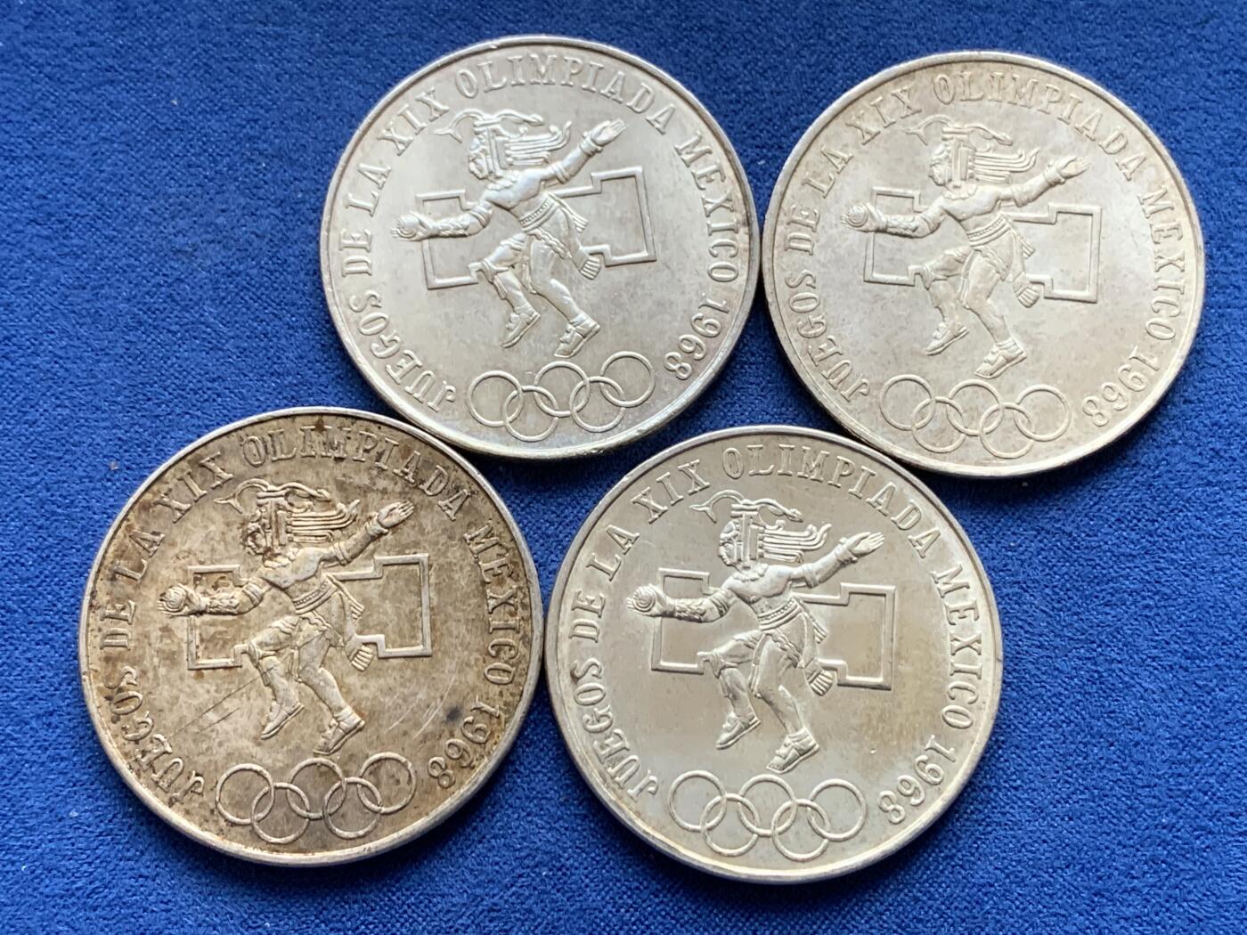 《竞宝斋》第441场 周日，周一，2场连拍 （全场包邮） 四枚一组 墨西哥1968年25比索奥运纪念银币 总重约89.7克