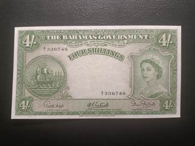 2025十一月第六期，总第204期 - 英属巴哈马1953版4先令流通好品XF首冠A/1，大皇冠女王和总督府徽章