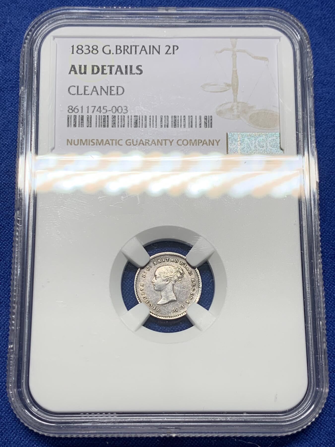 《竞宝斋》第441场 周日，周一，2场连拍 （全场包邮） NGC AUD CLEANED 英国1838年2便士濯足小银币，少见维多利亚女王首年份