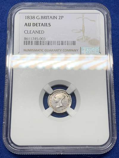 《竞宝斋》第441场 周日，周一，2场连拍 （全场包邮） - NGC AUD CLEANED 英国1838年2便士濯足小银币，少见维多利亚女王首年份