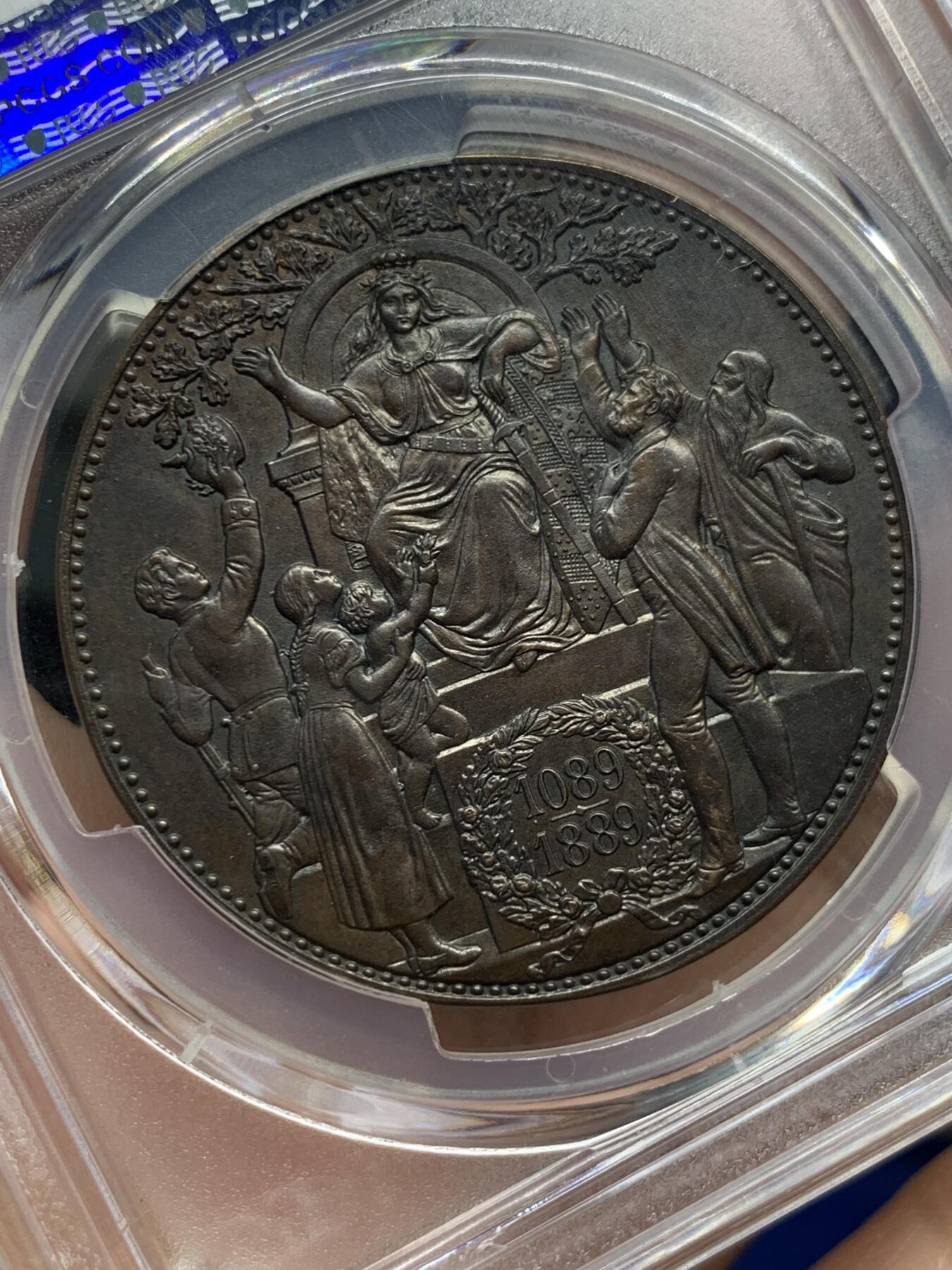 《竞宝斋》第441场 周日，周一，2场连拍 （全场包邮） PCGS SP62BN 德国萨克森1889年韦廷王朝800周年5马克铜币