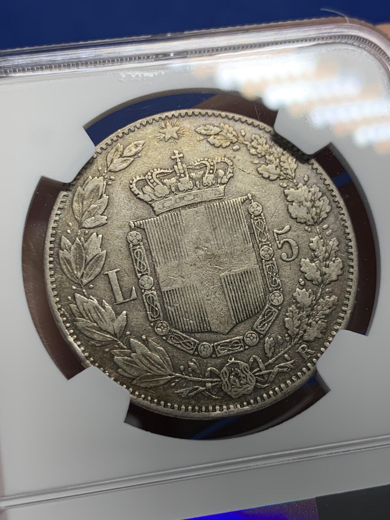 《竞宝斋》第441场 周日，周一，2场连拍 （全场包邮） NGC XFD 意大利1879年翁贝托一世5里拉银币 状态不错细节很好感觉是可以出分的