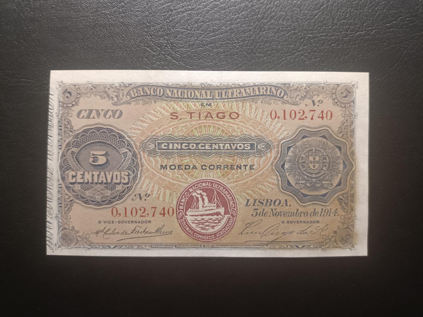 2025十一月第六期，总第204期 葡属佛得角1914年5分UNC-，稀有葡属殖民地品种，经典的大西洋银行目送船队出海图案