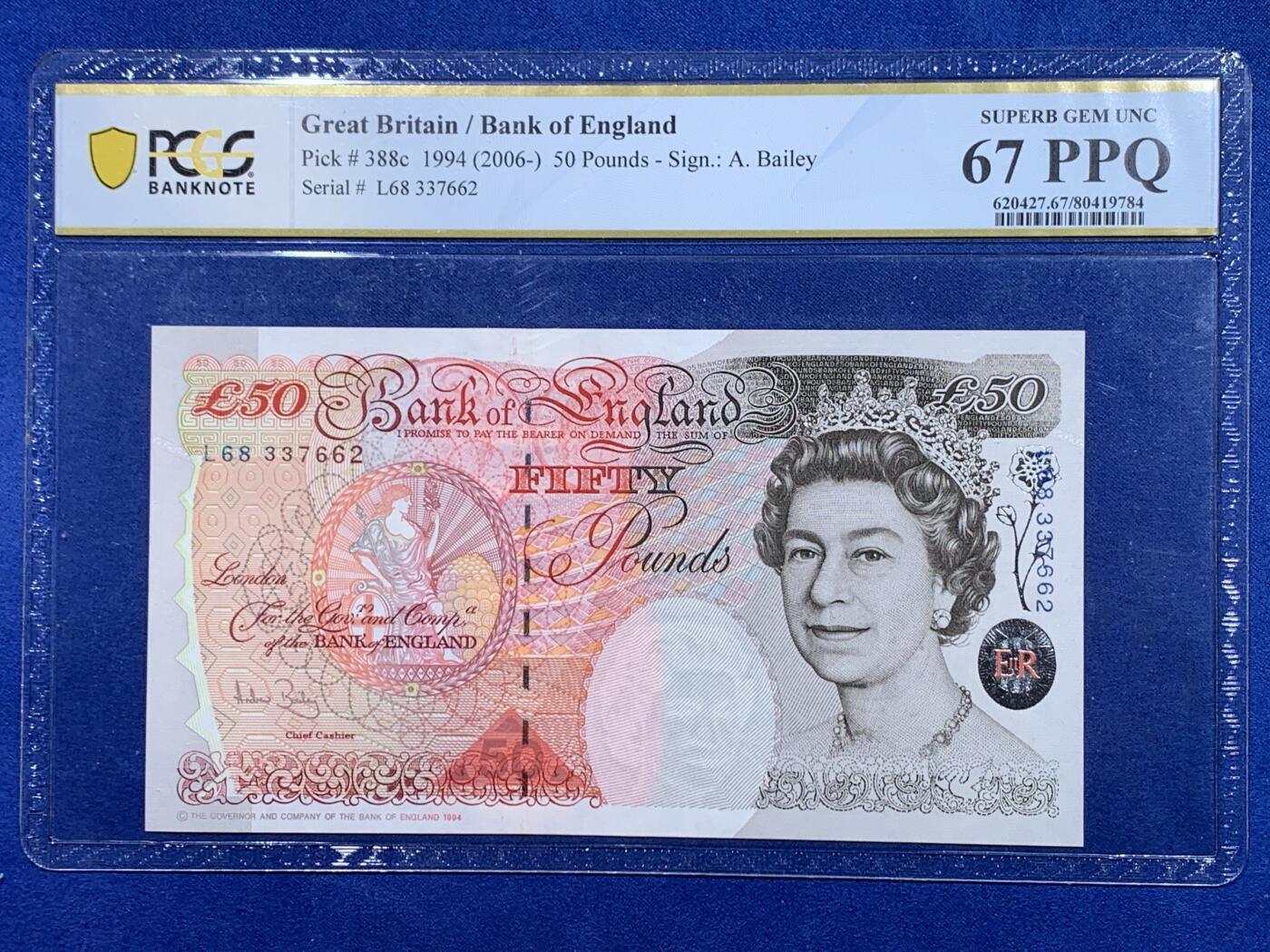 《竞宝斋》第441场 周日，周一，2场连拍 （全场包邮） PCGS 67PPQ 1994年英国E序列 50镑 女王钞