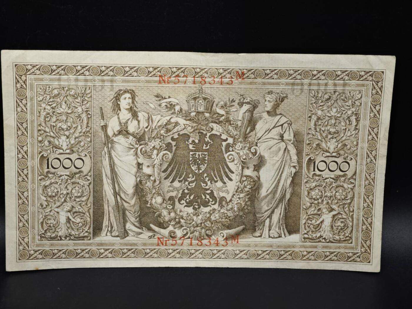 【淘币小摊】实时拍第八百零六拍   纸币场   满百包邮可预留二周 每周一统一发货   德国1910年1000马克纸币【有折】