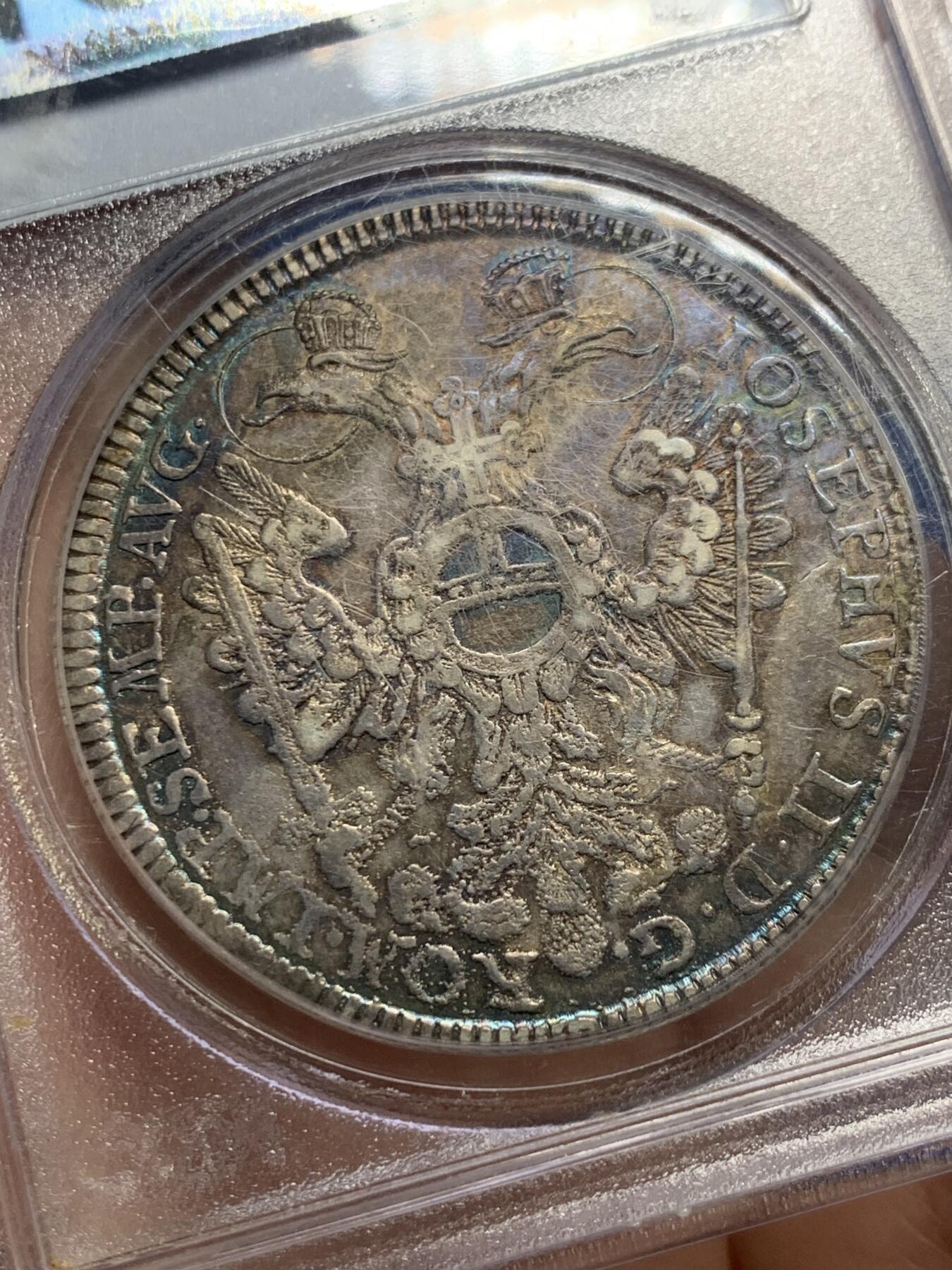《竞宝斋》第441场 周日，周一，2场连拍 （全场包邮） PCGS AU50  德国纽伦堡1765年双头鹰景观泰勒大银币 早期P盒 保存很不错 状态包浆同样惊人美丽
