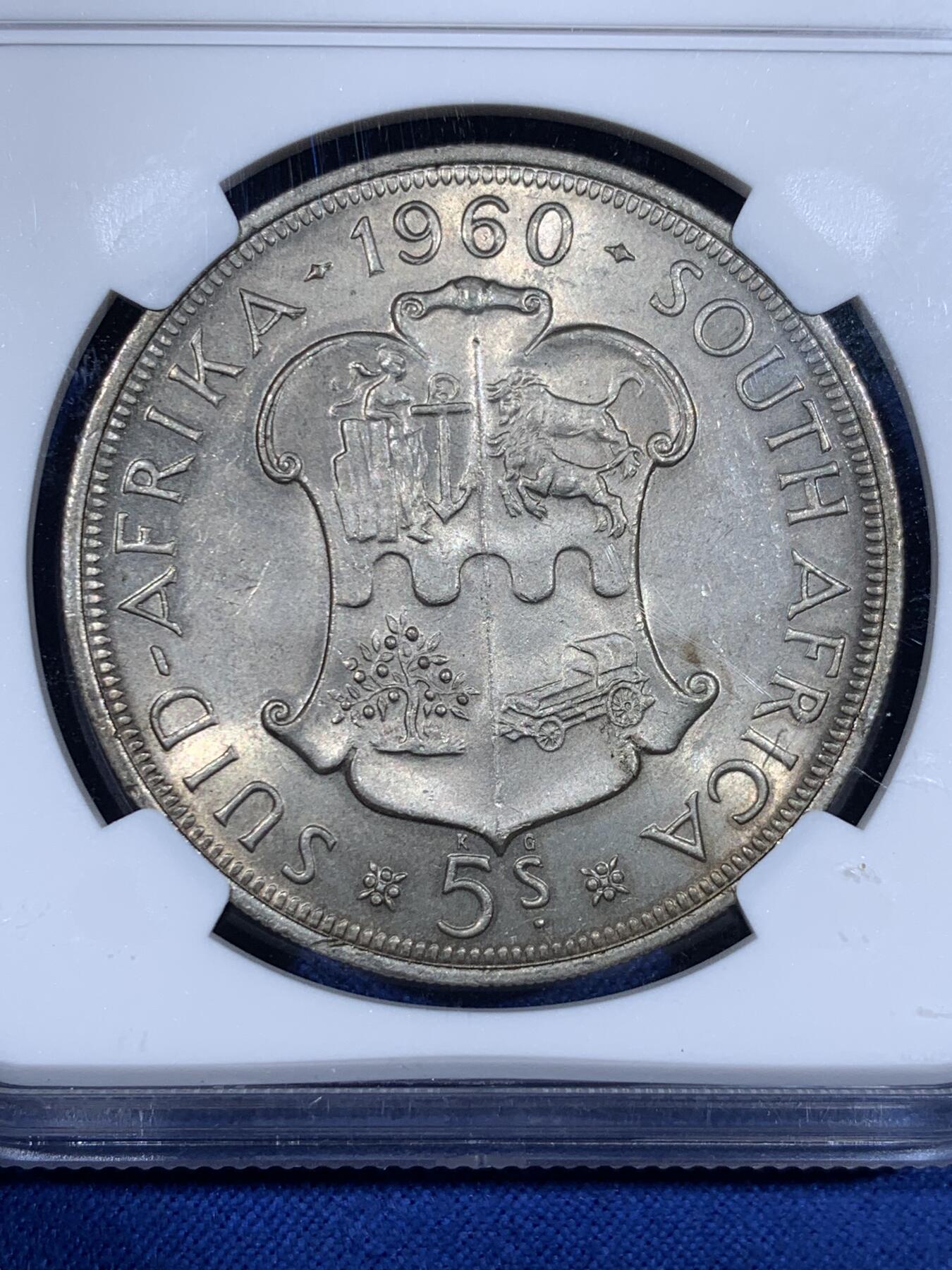 《竞宝斋》第441场 周日，周一，2场连拍 （全场包邮） NGC MS62 南非 1960 联合纪念 5先令大银币