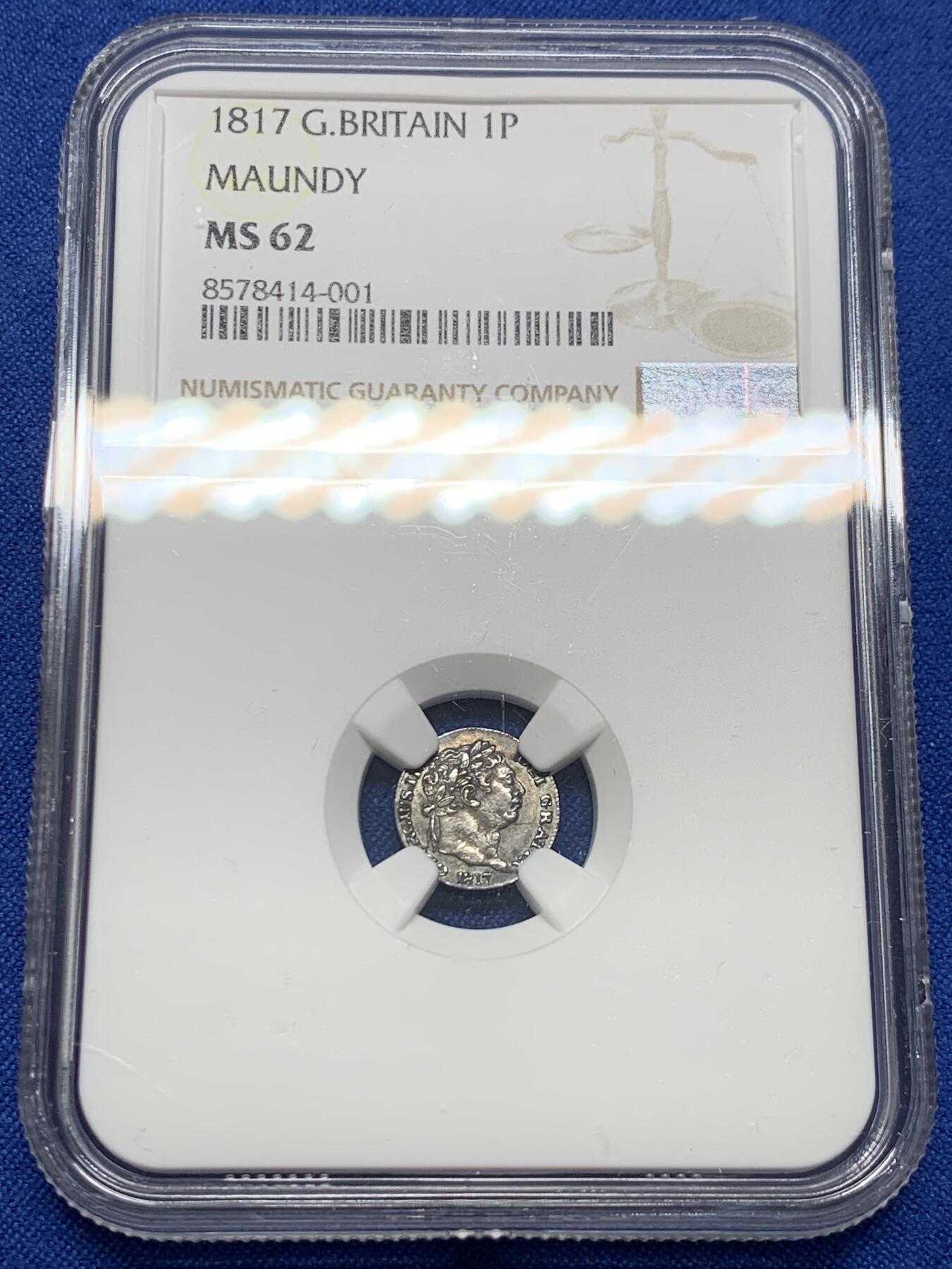 《竞宝斋》第441场 周日，周一，2场连拍 （全场包邮） NGC MS62 英国1817年乔治四世濯足节1便士银币  紫罗兰包浆低评，少见品种