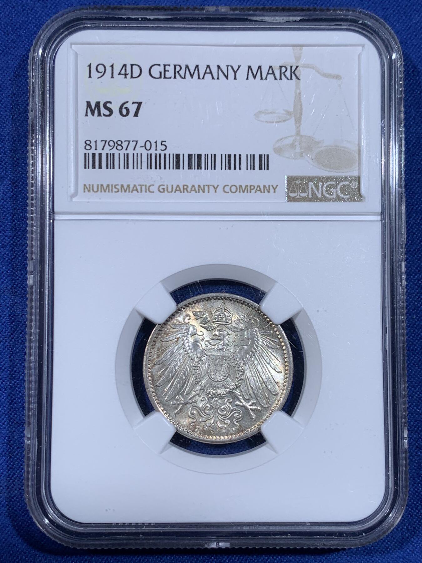 《竞宝斋》第441场 周日，周一，2场连拍 （全场包邮） NGC MS67 德国1914年1马克银币，顶级品相状态，淡彩包浆。