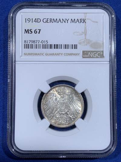 《竞宝斋》第441场 周日，周一，2场连拍 （全场包邮） - NGC MS67 德国1914年1马克银币，顶级品相状态，淡彩包浆。