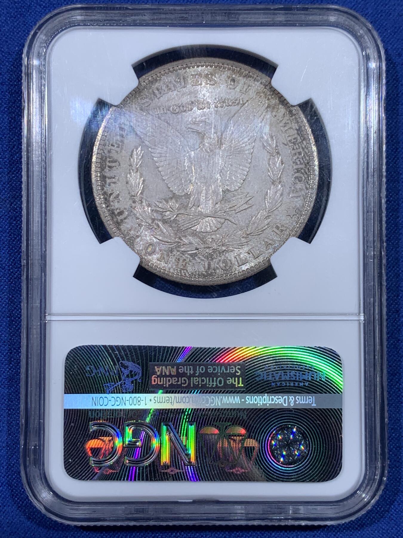 《竞宝斋》第441场 周日，周一，2场连拍 （全场包邮） NGC MS64 美国1904年摩根银币O厂 凝霜+转光效果很好的一枚，鹰面可以看出摩根的镜面PL效果，灰色满彩给人强烈的高冷