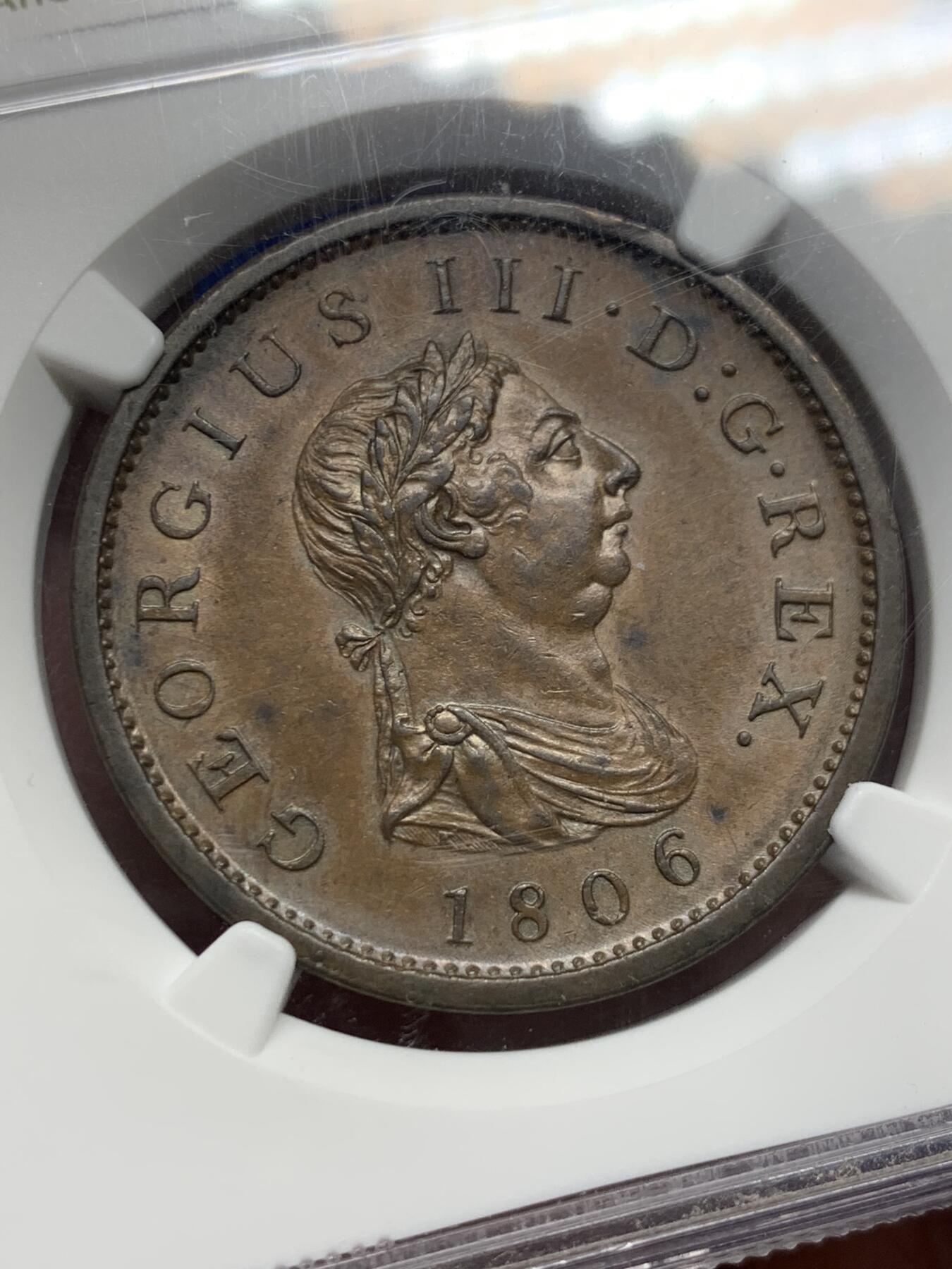 《竞宝斋》第441场 周日，周一，2场连拍 （全场包邮） NGC MS63BN 英国1806乔三1便士大铜，SOHO铸造的经典款，温润厚重的巧克力色光泽，代表了铜币最理想的保存状态。