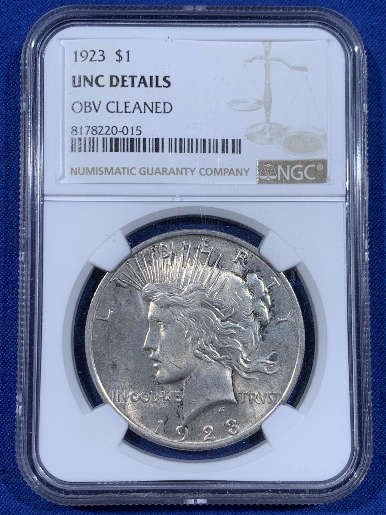 《竞宝斋》第441场 周日，周一，2场连拍 （全场包邮） NGC UNCD 美国1923和平一美元，银价高涨，光银价就已经价值不菲