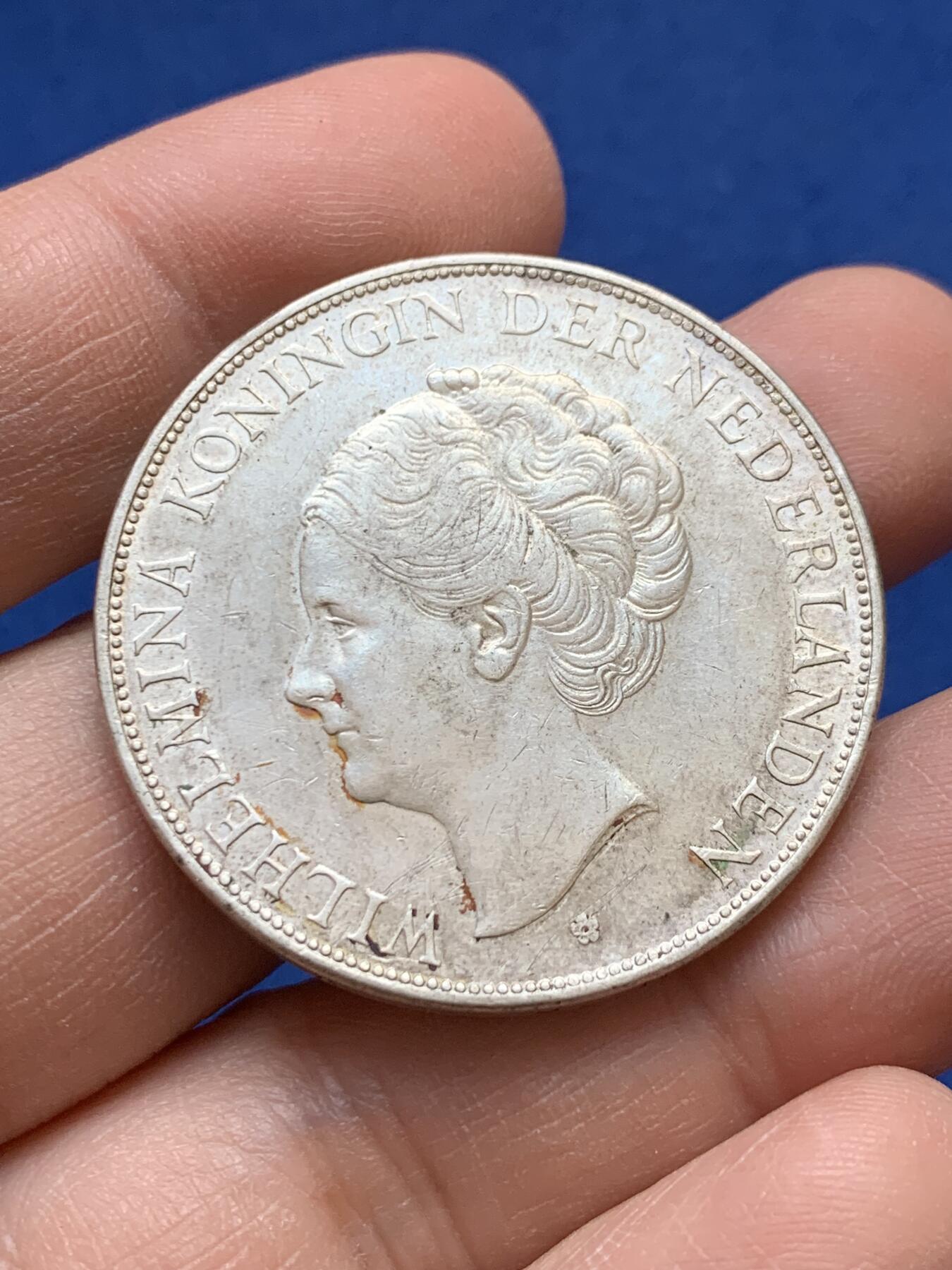 《竞宝斋》第441场 周日，周一，2场连拍 （全场包邮） 荷兰1938年威廉敏娜2.5盾银币