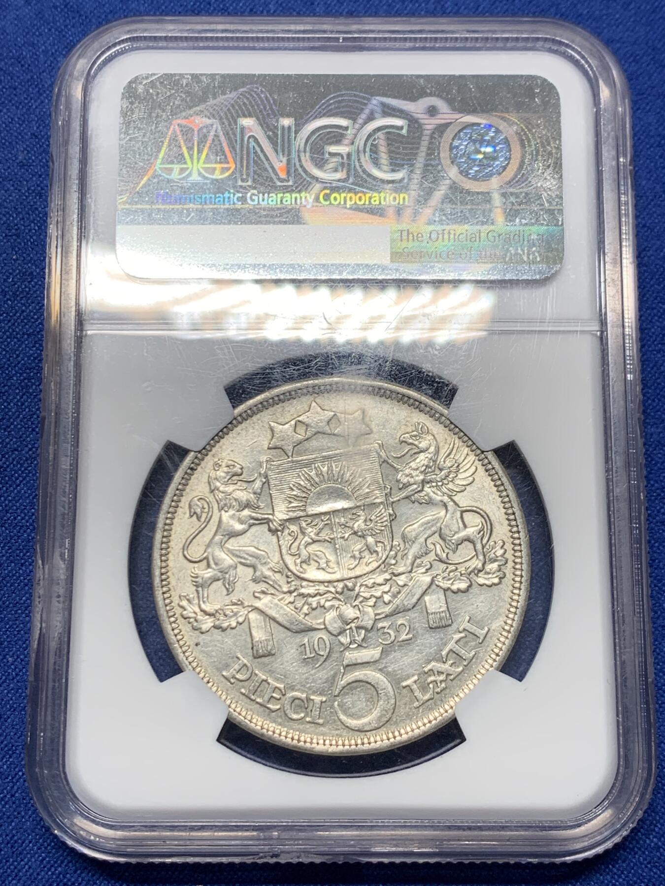 《竞宝斋》第441场 周日，周一，2场连拍 （全场包邮） NGC AUD 拉脱维亚1932年5拉特银币 经典品种，也是谷物女神中最美品种