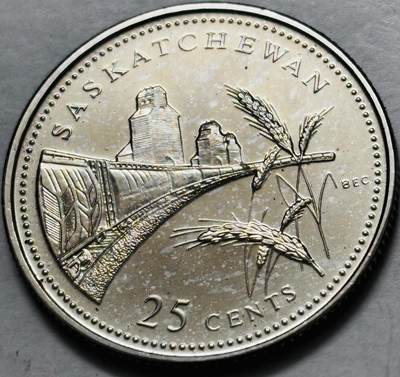 文馨钱币收藏第 282 场，【 长期接收代拍品】，加拿大老铜代用币，银币，德三系列场 - 少见全新未流通 1992 年加拿大 萨斯客切温省联邦 125 周年 25 分纪念币