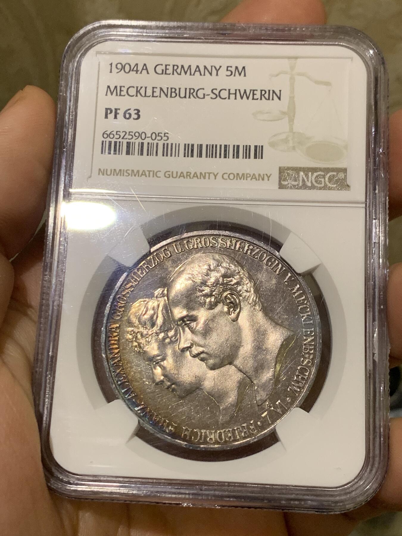 《竞宝斋》第441场 周日，周一，2场连拍 （全场包邮） NGC PF63 德国1904梅克伦堡什未林皇家大婚纪念5马克，发行量仅2500枚顶级小邦精制马克，镜面底板香槟色月牙彩，值得收藏