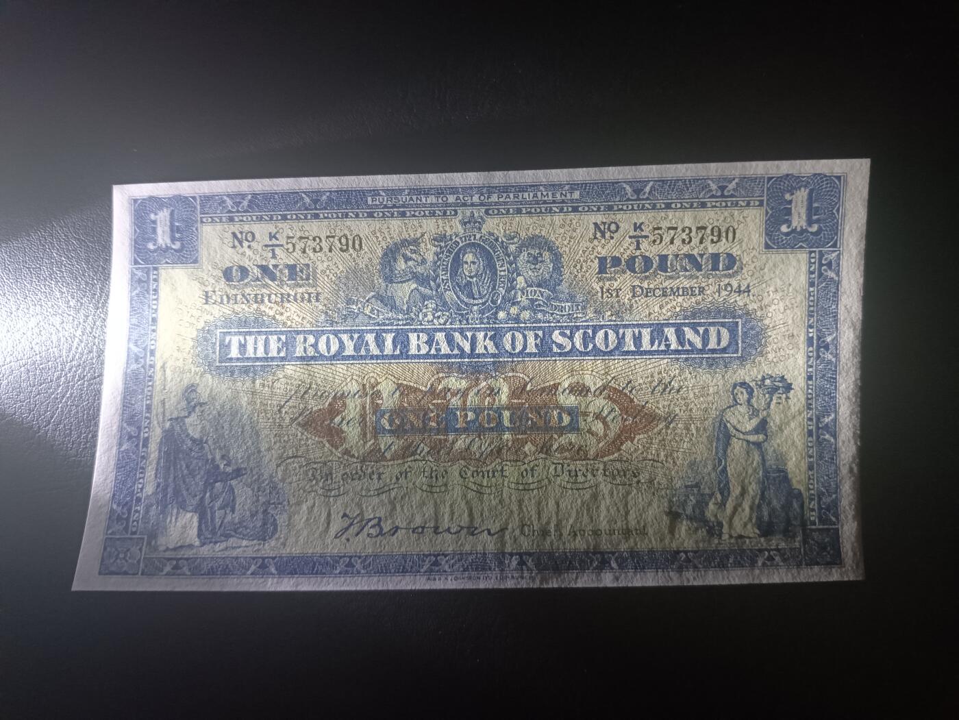 2025十一月第六期，总第204期 苏格兰皇家银行1944年AUNC首冠K/1，不列颠女神和拿花女神/爱丁堡和格拉斯哥的分行，早期少见蓝色墨版本