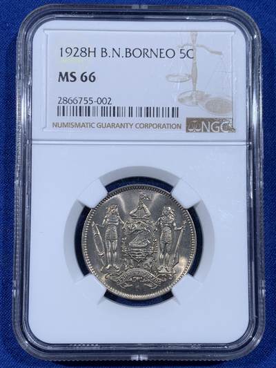 《竞宝斋》第441场 周日，周一，2场连拍 （全场包邮） - NGC MS66 英属北婆罗洲1928年H版5分 罕见高分 细节出众