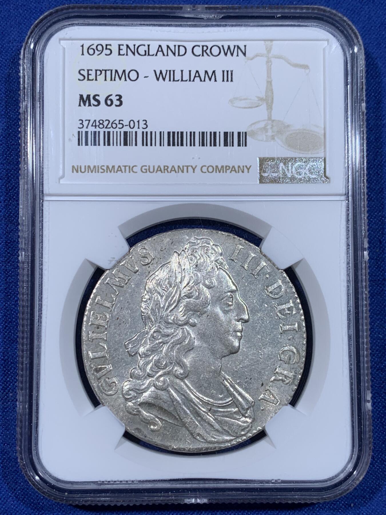 《竞宝斋》第441场 周日，周一，2场连拍 （全场包邮） NGC MS63 英国1695年 威廉三世1克朗银币 全币深打 原银光，历经300多年依然宛如新铸