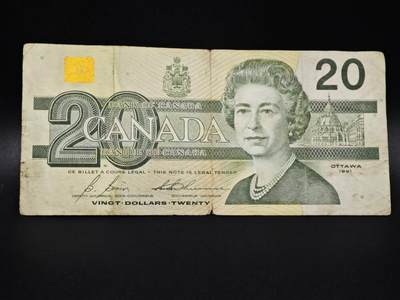【淘币小摊】实时拍第八百零六拍   纸币场   满百包邮可预留二周 每周一统一发货   - 加拿大1991年20元纸币【有折】