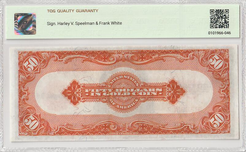 2025十一月第六期，总第204期 压轴珍品，美国1922年金币券50元TQG45分，在本就稀有的金币券中更加少见的“small s/n mule”版本，作为在当年是一笔巨款的黄金兑换券令很多美元藏家望而不可即，也基本是此品种少数几次在国内现身，是机不可失的珍贵品种