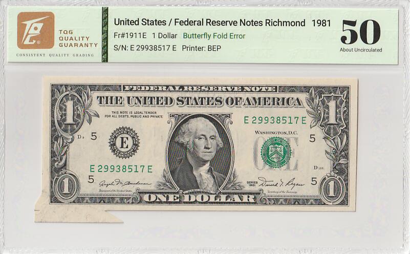 2025十一月第六期，总第204期 美国1981年1元TQG50分，由于边角折叠和剪裁失误造成了一种有趣的“福耳”错版