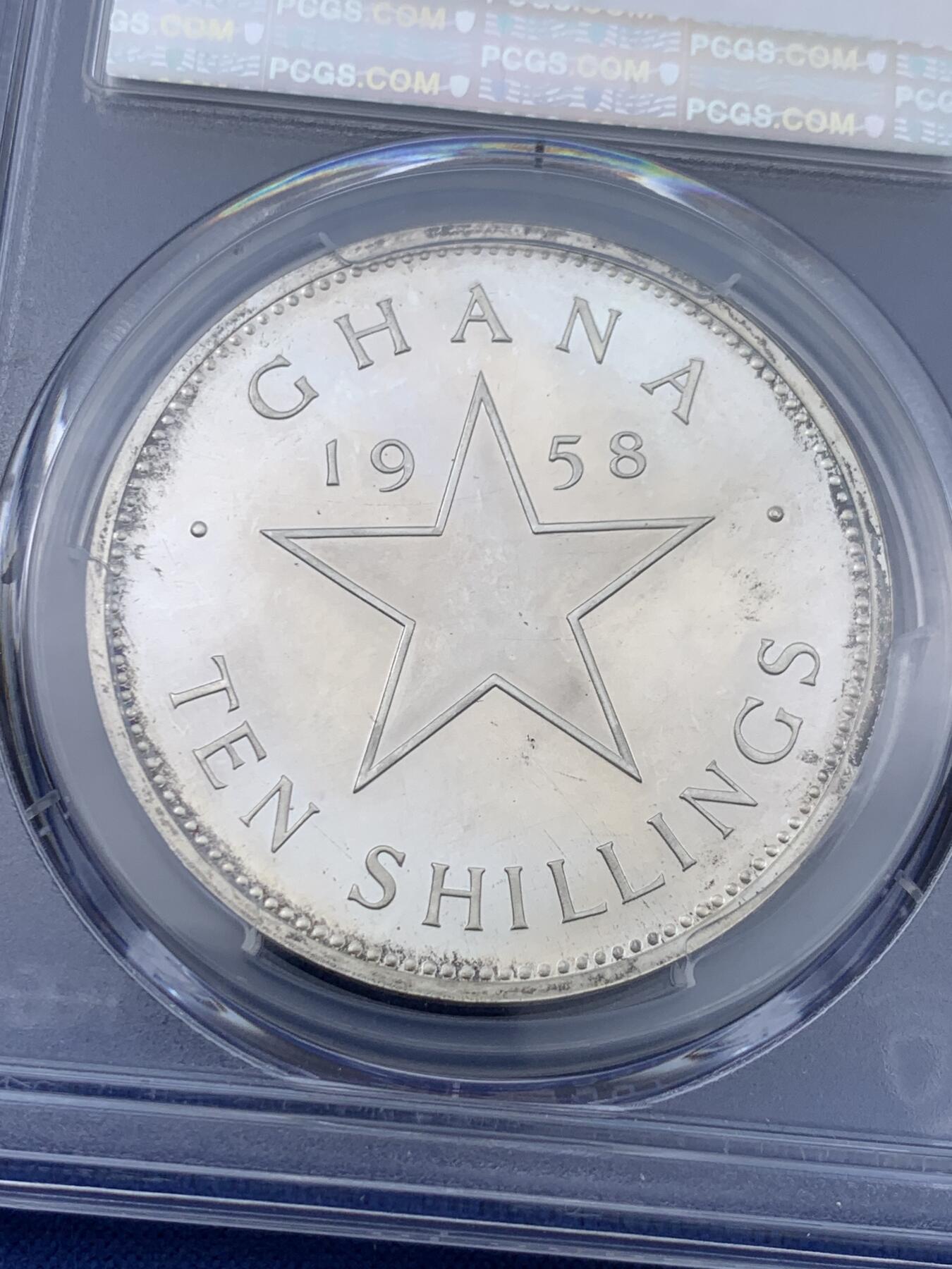 《竞宝斋》第441场 周日，周一，2场连拍 （全场包邮） PCGS PR65 加纳1958年10先令精制大银币 轻微包浆光度好