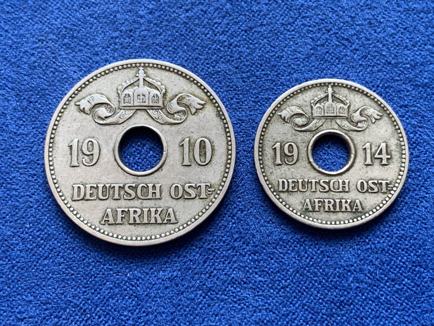 《竞宝斋》第441场 周日，周一，2场连拍 （全场包邮） 两枚一组 德属东非，中孔镍币1914年5赫勒＋1910年10赫勒