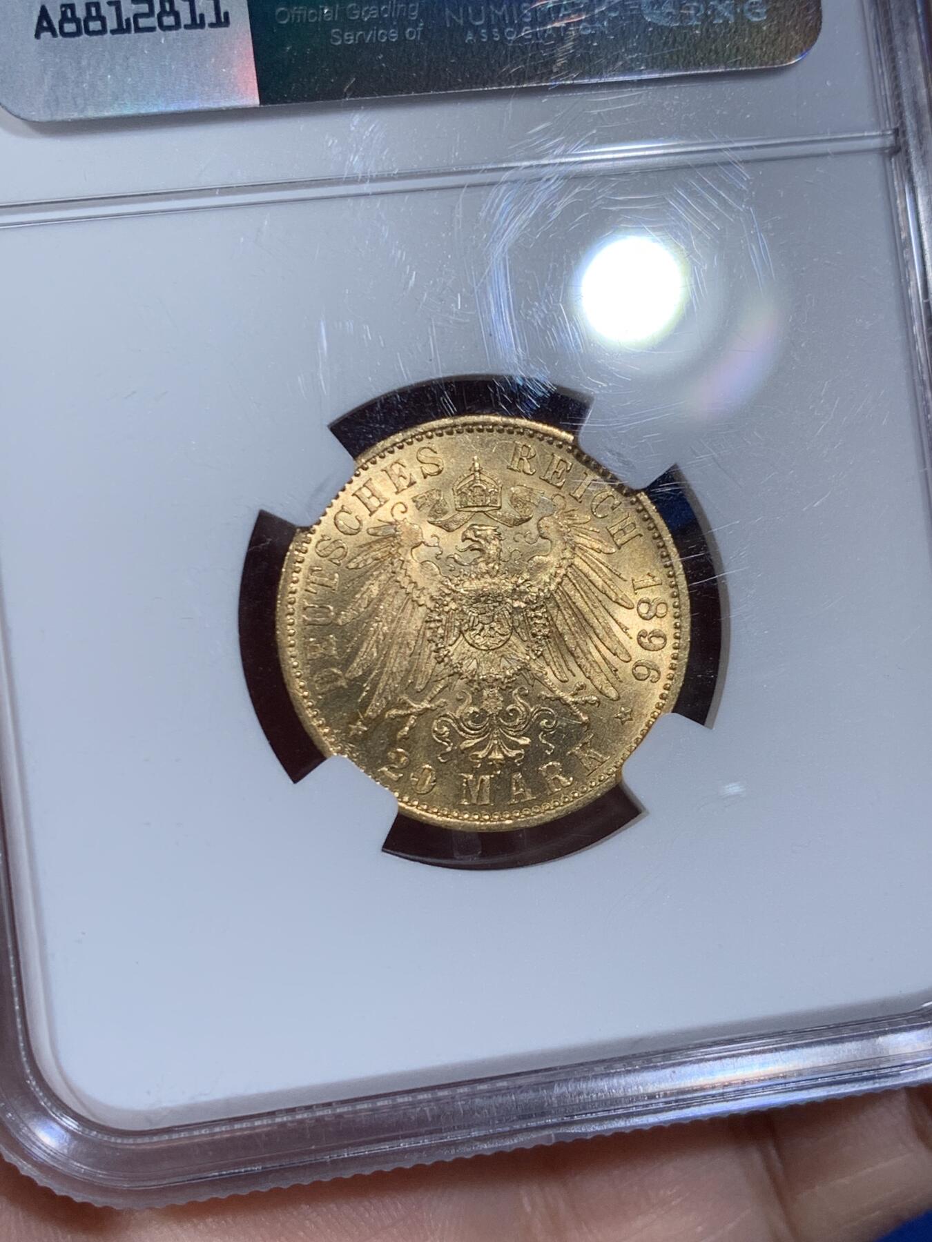 《竞宝斋》第441场 周日，周一，2场连拍 （全场包邮） NGC MS63 德国 普鲁士 1896 A 威廉二世 20马克 金币 早期年份，数量稀少，63分更难得，无敌转光，值得收藏     7.965克900金