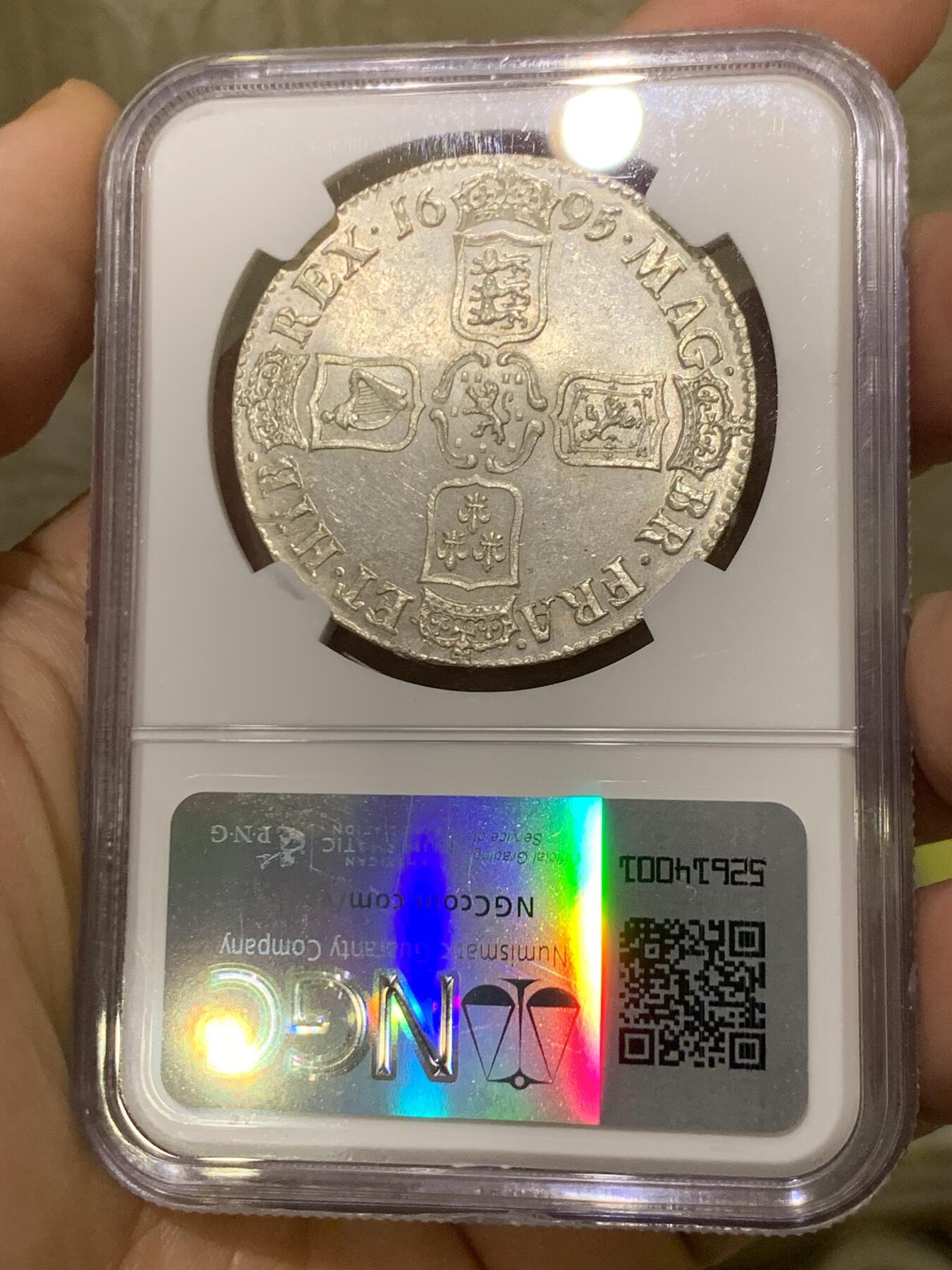 《竞宝斋》第441场 周日，周一，2场连拍 （全场包邮） NGC MS63 英国1695年 威廉三世1克朗银币 全币深打 原银光，历经300多年依然宛如新铸