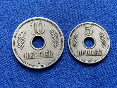 《竞宝斋》第441场 周日，周一，2场连拍 （全场包邮） - 两枚一组 德属东非，中孔镍币1914年5赫勒＋1910年10赫勒