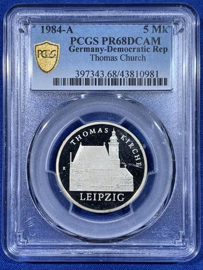 《竞宝斋》第441场 周日，周一，2场连拍 （全场包邮） - PCGS PR68DCAM 德国1984年莱比锡托马斯教堂5马克